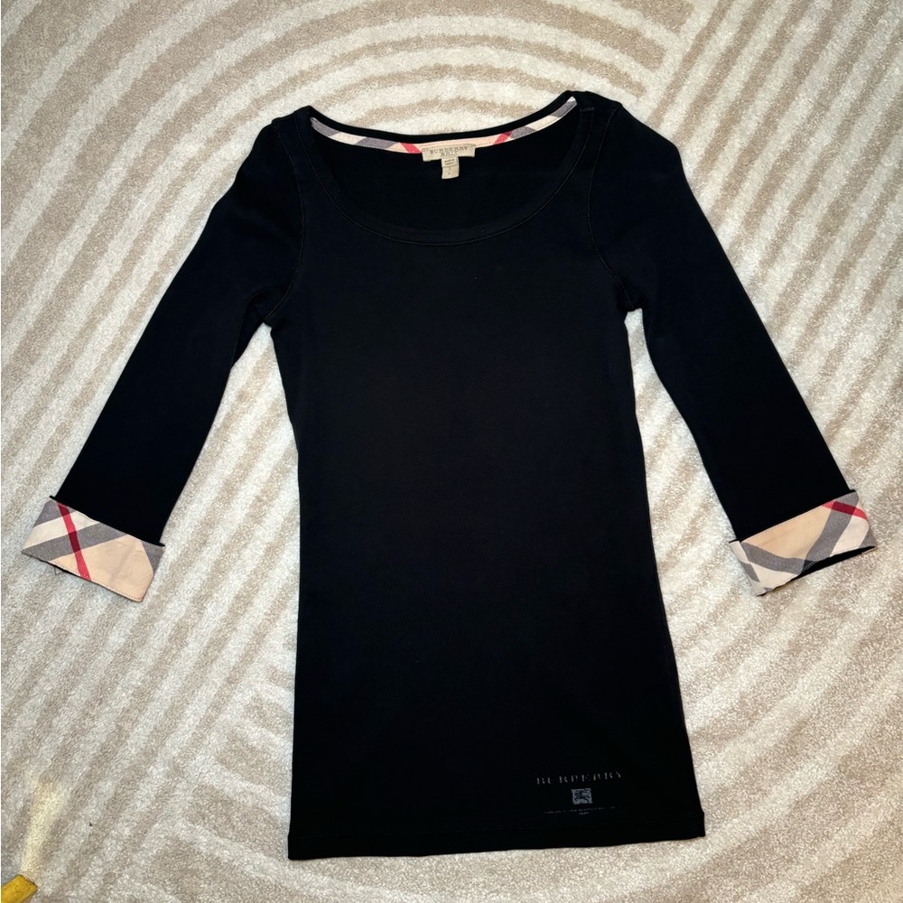 Burberry Black 3/4 Sleeve Top with Check Cuffs